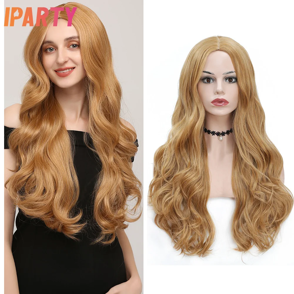 

Iparty Synthetic Machine Long Wavy Wigs 22 Inches Dark Blonde Color Middle Part Wig Heat Resistant Multi Color Optional Daily