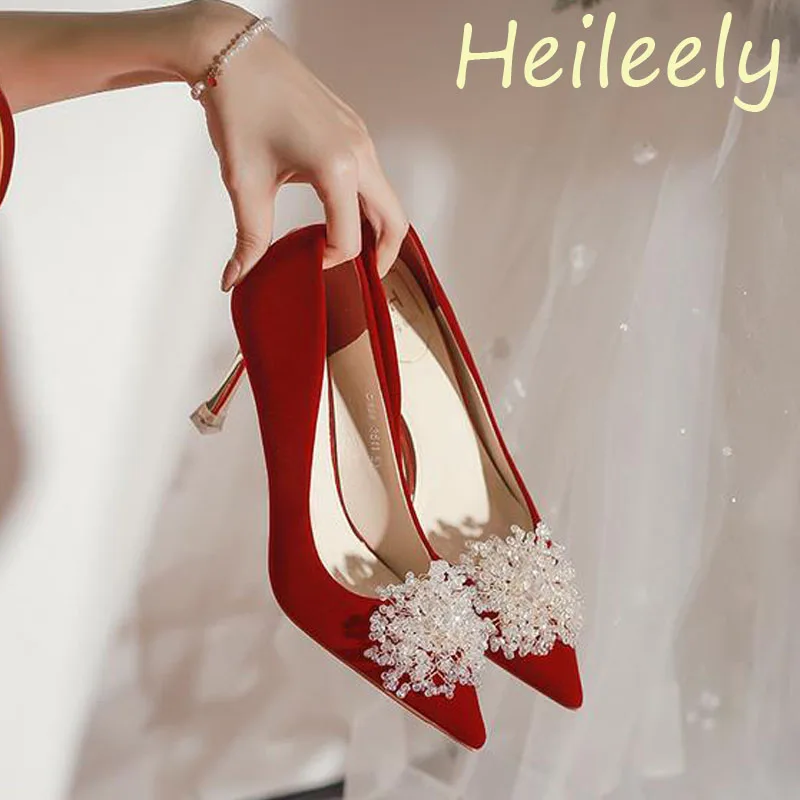 

6cm Fashion New High Heels with Rhinestone Pointed Toe Flock Pumps Wedding Bride Red Shoes for Women 41 42 43