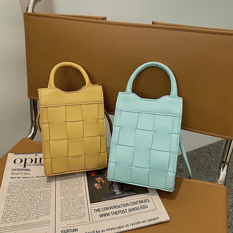 

New Woven Phone Bag Women Small Square Bag Handbag Bag PU Leather Hand-held Shoulder Bag Female Designer Crossbody Bag Purse Sac