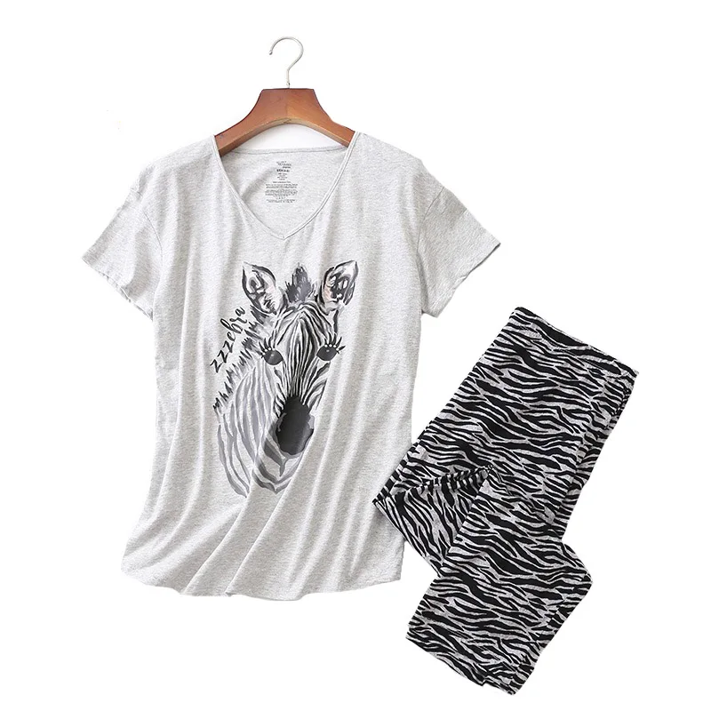 New Ladies Pajamas Set Summer/Spring Cartoon Zebra Printed Sleepwear V-Neck Top+Pants 2Pcs Korean Style Thin Large Size Homewear