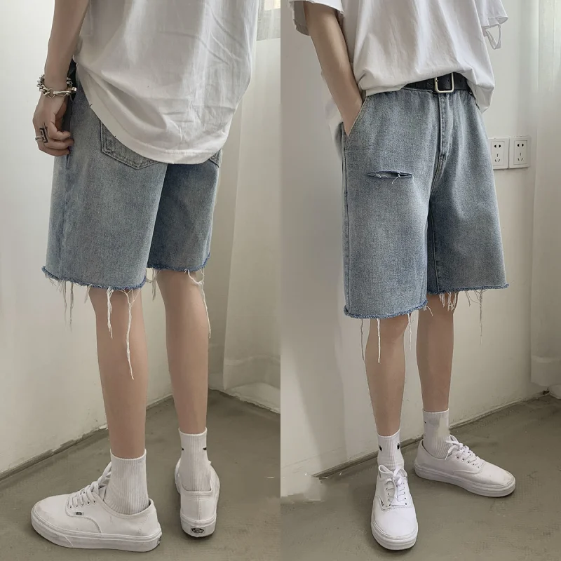 Denim Shorts Men's Loose Fashion Pierced Jeans Summer Thin Five Point Pants Handsome Straight Trousers Male Bottoms Plus Size