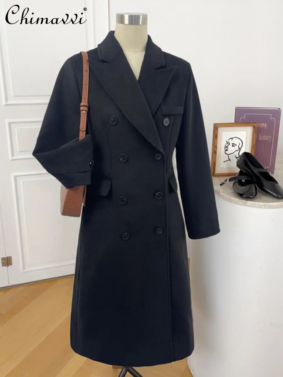 

Korean Style Fashion Office Lady Black Woolen Coat Women's 2022 Autumn Winter New Hepburn Style Elegant Solid Trendy Long Jacket