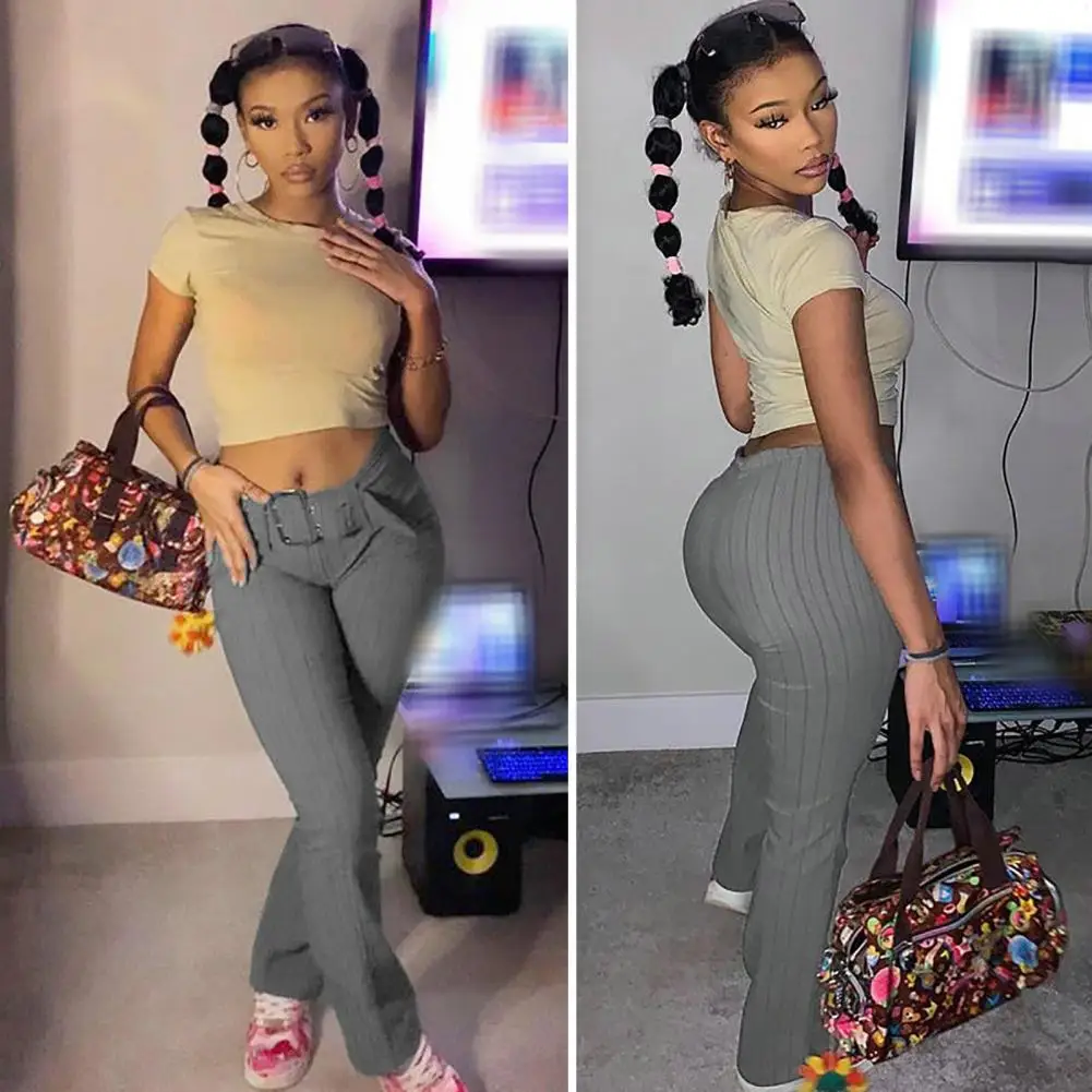 

Stylish Fashion Striped Print Slight Wide Leg Flared Trousers Flared Trousers Versatile Slim