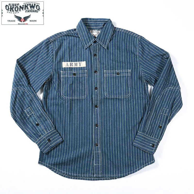 

American Railway Vertical Stripe Work Shirt Outdoors Climbing Trekking Hiking Camping Labor Training Denim Long Sleeve Tops