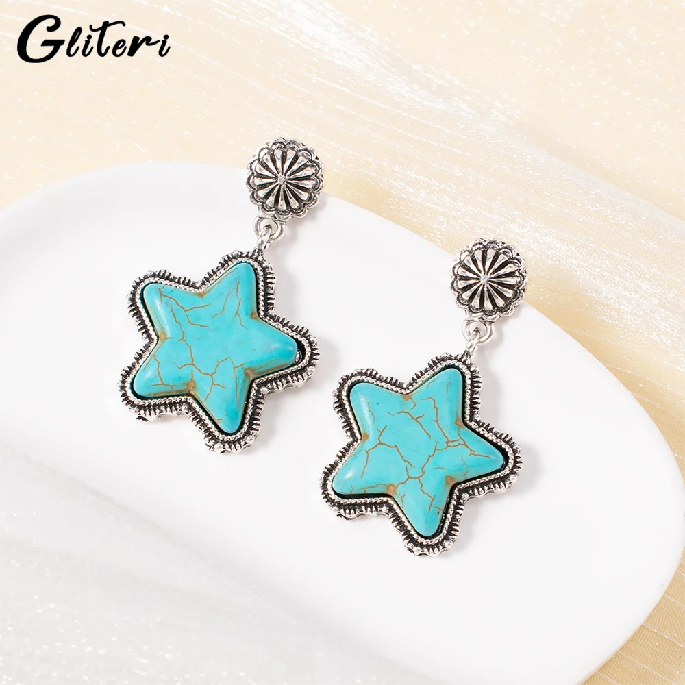 

GEITERI Bohemia Big Stars Drop Earrings For Women Girls Natural Turquoise Five-Pointed Star Earring Vintage Jewelry Female Gifts