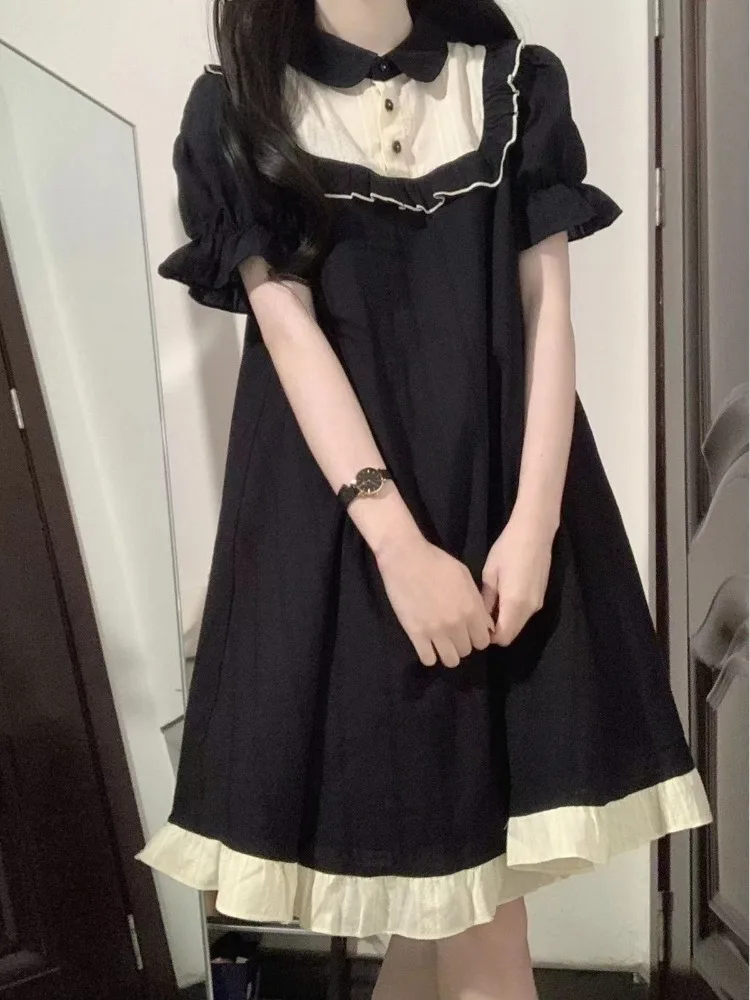 

QWEEK School Kawaii Lolita Dress Japanese Sweet Harajuku Cute Student Black Puff Sleeve Party Dresses 2023 Autumn New In