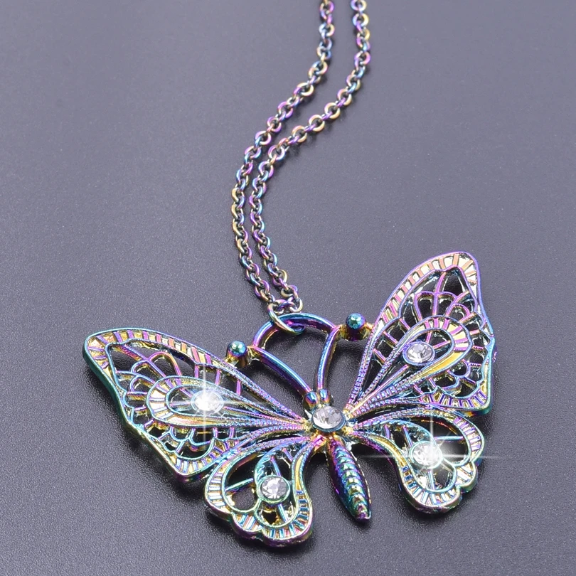 

Цепочка с подвеской-бабочкой женская, ожерелье из сплава с кристаллами радуги, стальная цепь длиной 50 см, винтажное Ювелирное Украшение