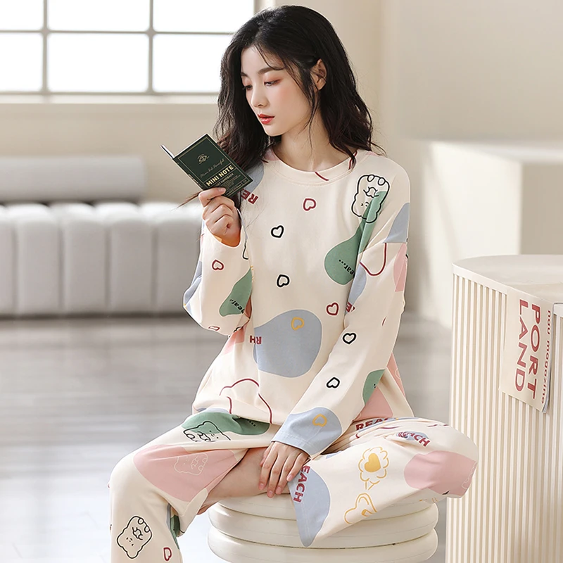 Spring Autumn Women Girl Fashion Pajamas Faux Cotton Feeling Striped Sleepwear Sets