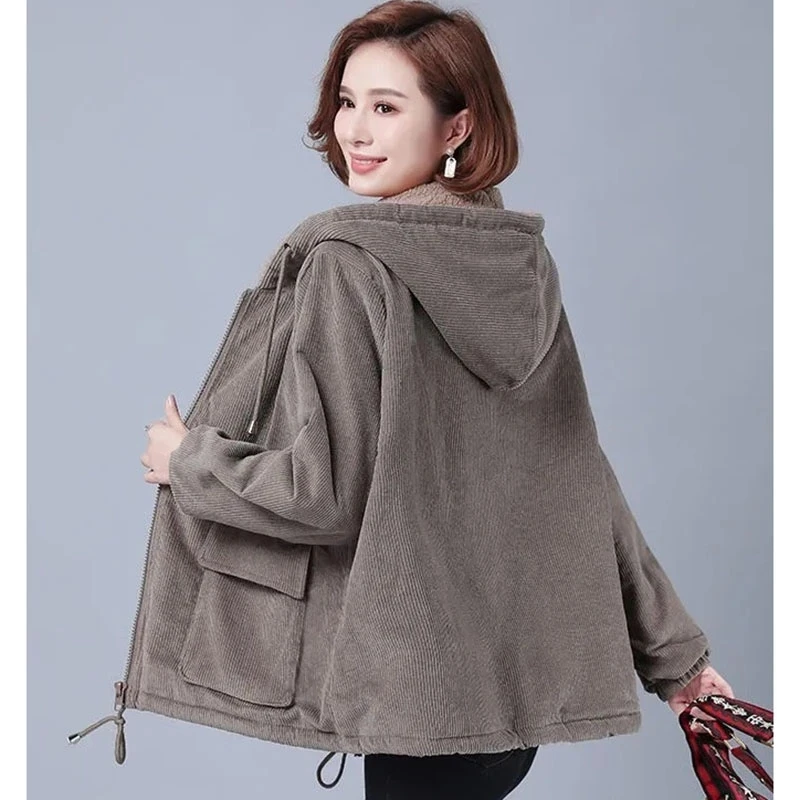 2023 New Fashion Women Corduroy Jacket Female Velvet Thick Warm Coat Autumn Winter Casual Loose Hoodie Windbreaker Outerwear