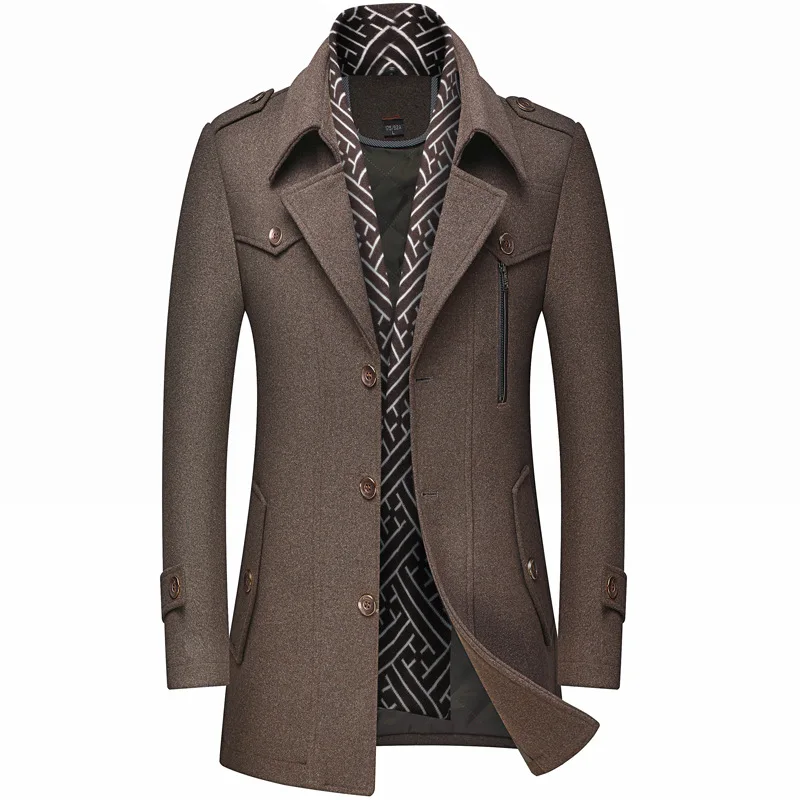 Men's Clothing Fashion Trench Coat Thicken Men's Woolen Jacket Scarf Collar Mid-length Coat Winter Warm Overcoat Male Clothes