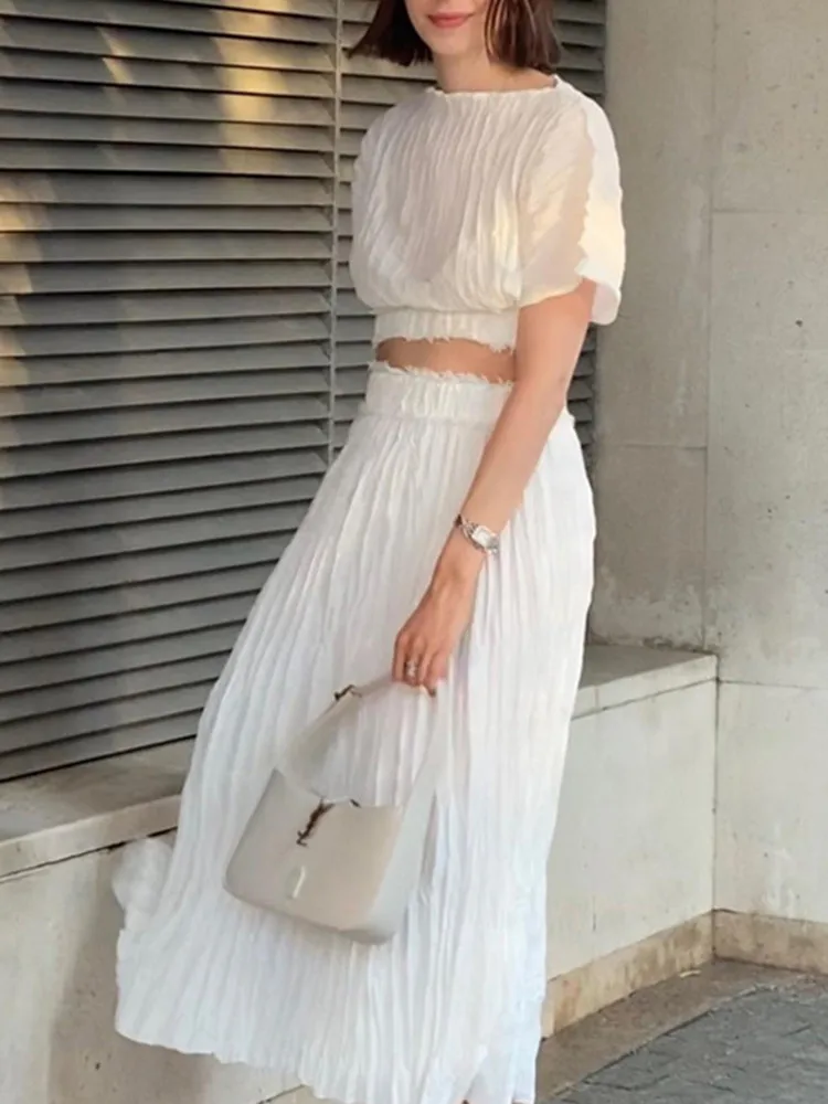 

Женский Шелковый плиссированный короткий топ или юбка миди, женская футболка с коротким рукавом, женский прямой длинный костюм с высокой та...