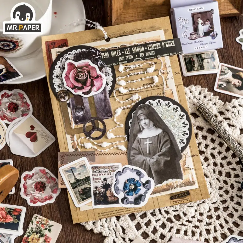 

Mr. Paper 46pcs/box Vintage Flower Sticker Creative Rose European Character Hand Account Material Decorative Stationery Stickers