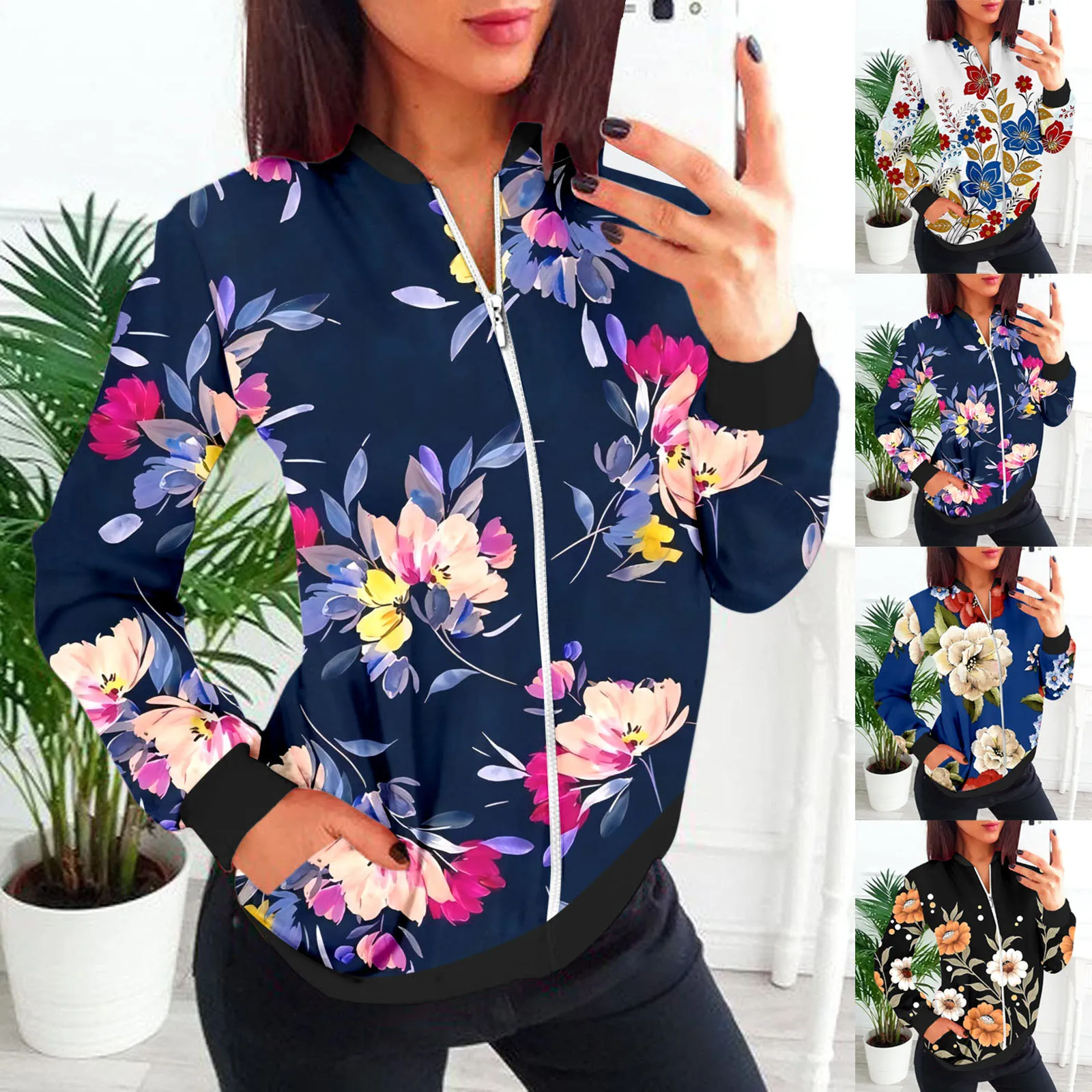 

Womens Casual Daily Jackets Lightweight Zip Up Casual Jacket Floral Print Coat Stand Collar Short Womens Jackets Business Casual