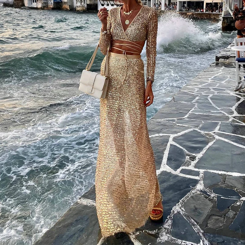 

Fashion Women Long Sleeve V Neck Open Waist Lace-Up Top and Maxi Skirt Suits Elegant Gold Sequin Mesh Slim Holiday 2 Piece Sets