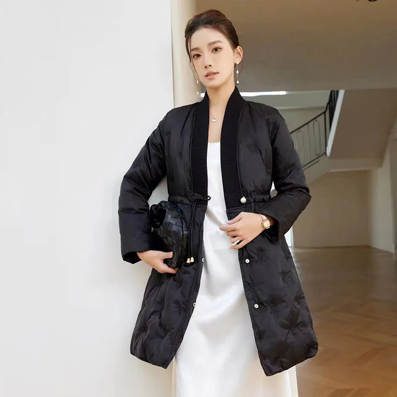 Новинка 2024 теплый пуховик средней длины в китайском стиле с V-образным вырезом и