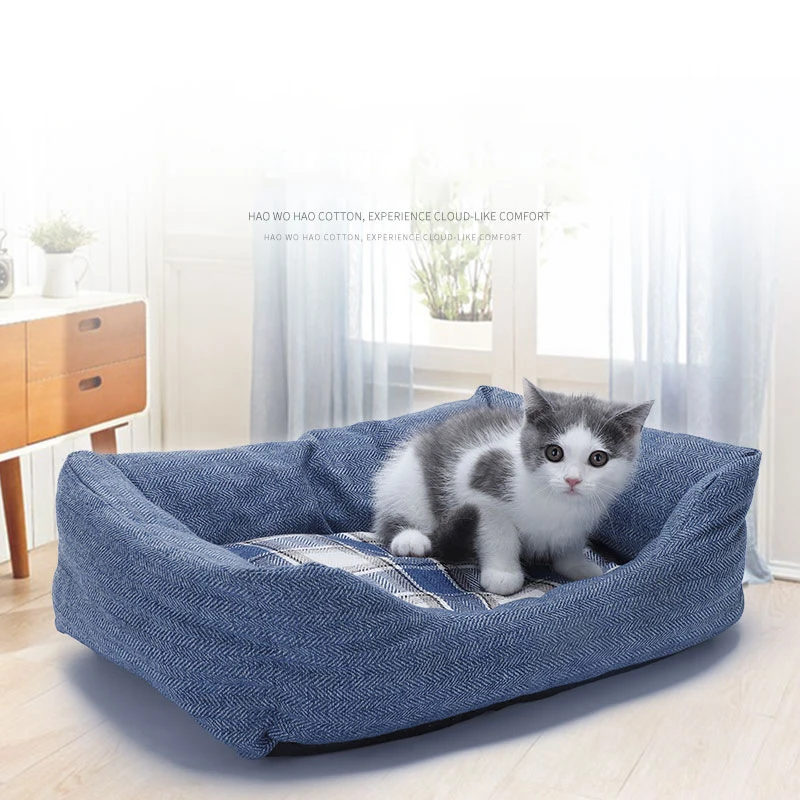 

Blue Square Pet Bed Winter Warm and Soft Deep Sleep Cat and Dog Bed Hair Cat Pad Removable and Washable Non-slip Pet Bed