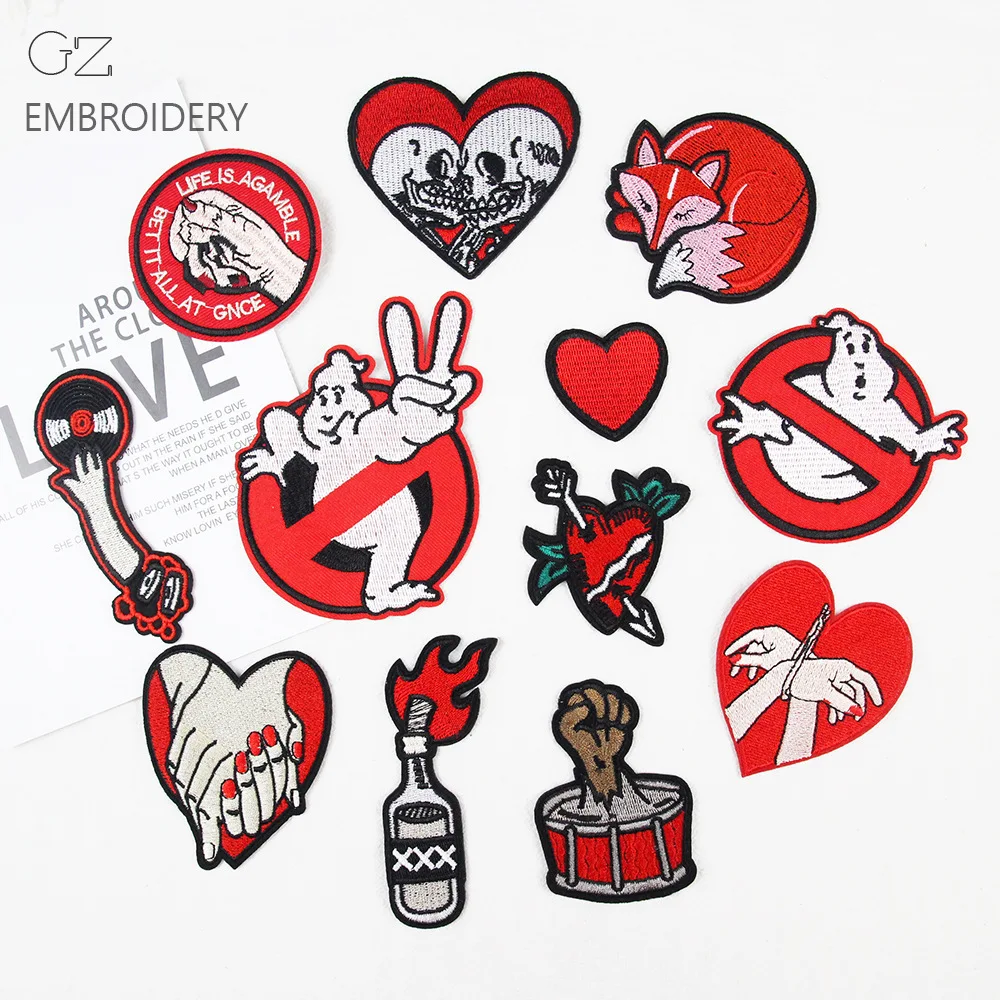 

Ghostbusters Embroidery Patches Red Love Heart Badges Skull Kiss Emblem Hands Binding Art Logo Drum Disc Appliques for Clothing