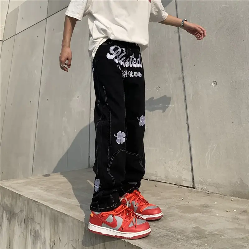 2022 New Fashion Letter Embroidery Baggy Men Hip Hop Jeans Pants Y2K Clothes Straight Casual Black Denim Trousers Pantaloni Uomo