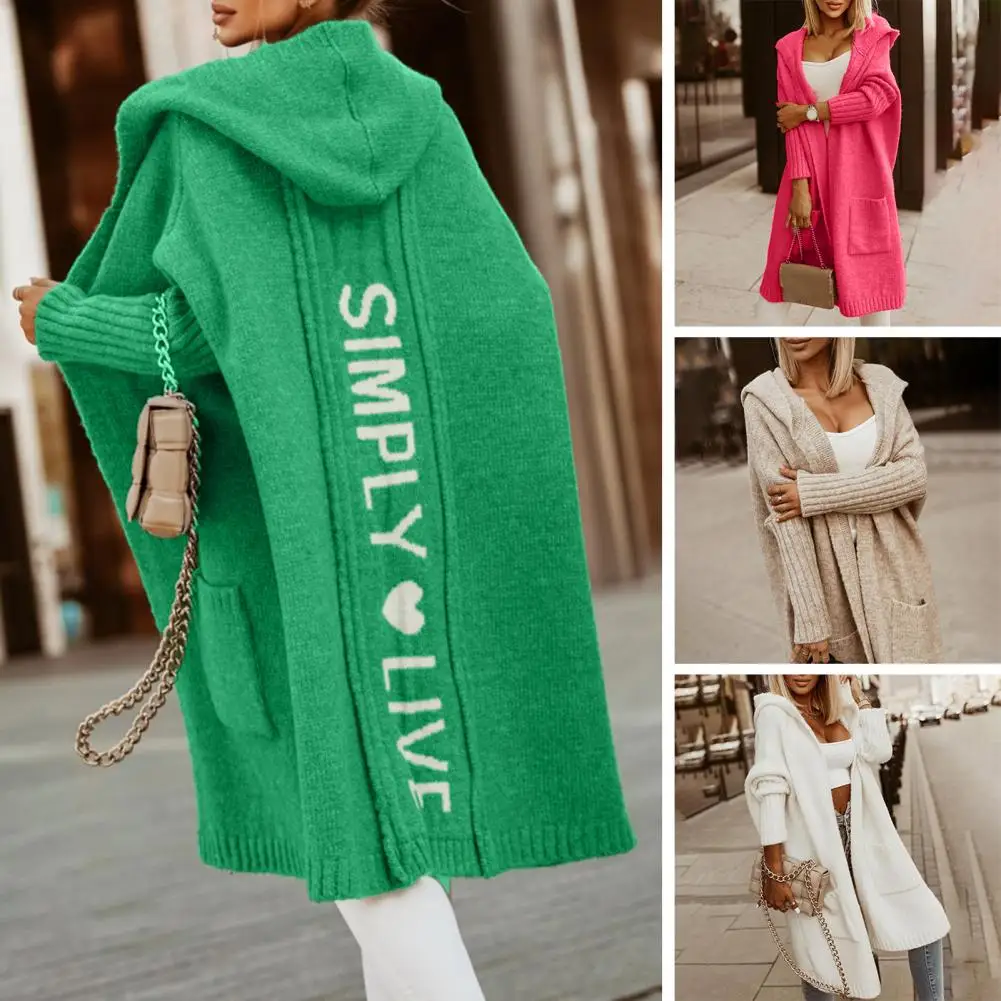 

Women Autumn Winter Hooded Sweater Cardigan Letter Print Open Front Long Sleeve Knitting Coat Streetwear