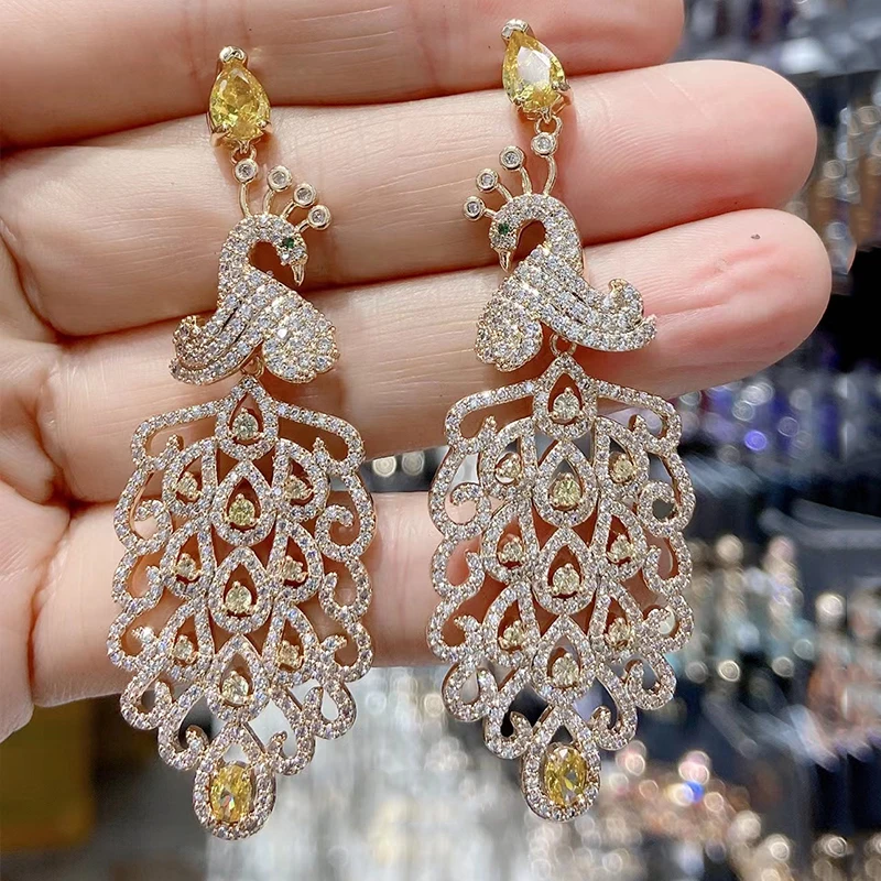 

Cubic Zirconia Luxury Dangle Earrings for Women Peacock Statement Wedding Earring Fashion Jewelry