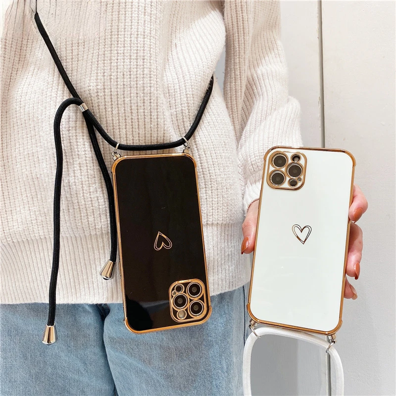 

Free Shipping For iPhone 11 12 14 13 Pro Max XS XR X 7 8 Plus Mini SE 3 Cord Strap Cover Electroplated Love Heart Necklace Lany