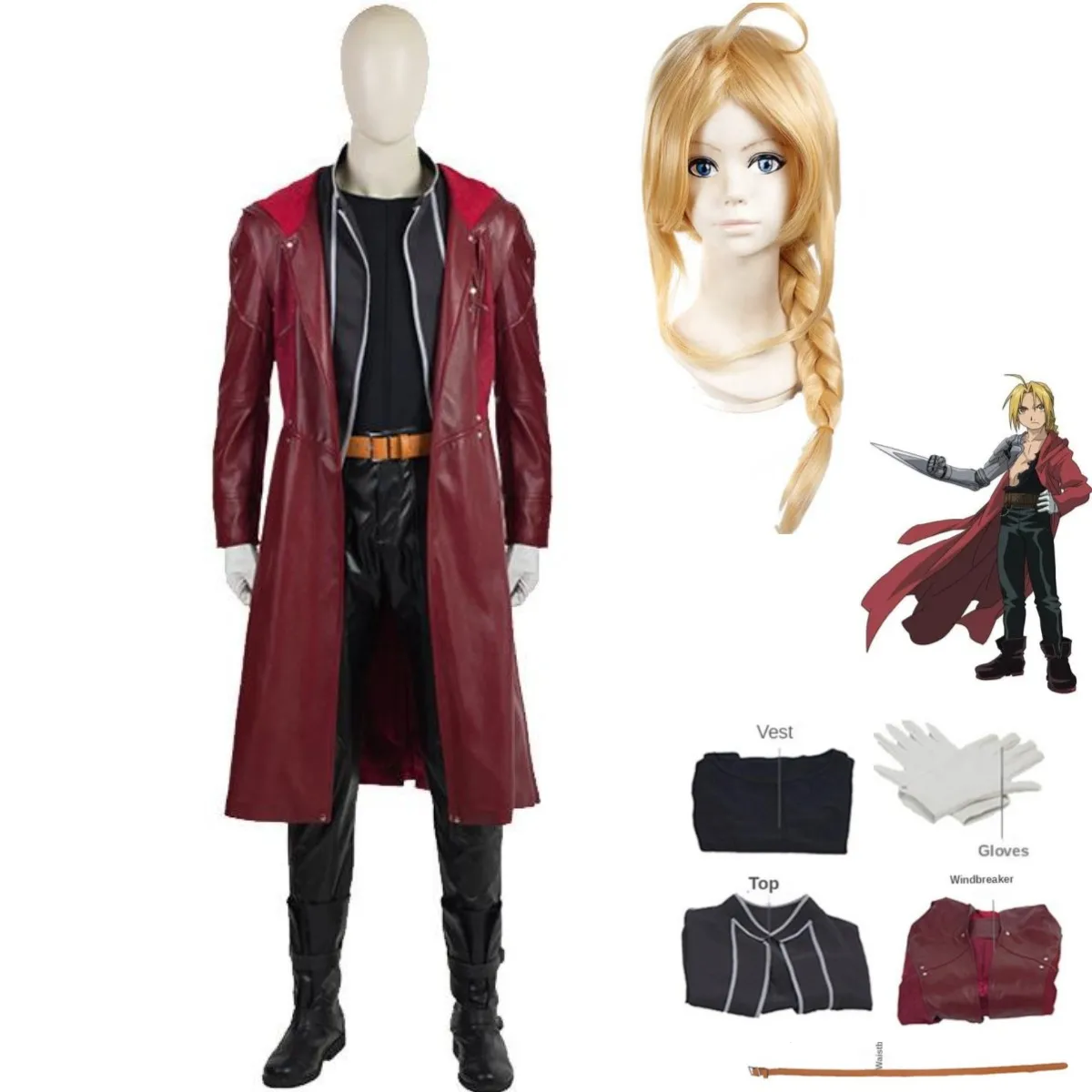 Anime Edward Elric Fullmetal Alchemist Cosplay Costume Wig Red PU Hooded Windbreaker Coat Combats Man Carnival Party Suit