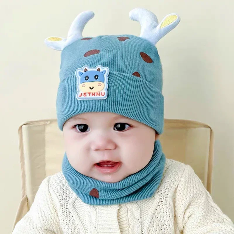 

0-3 Years Baby Winter Knitted Bonnet Scarf Set Infant Boys Girls Cute Cow Hat Outdoor Warm Cap Scarf
