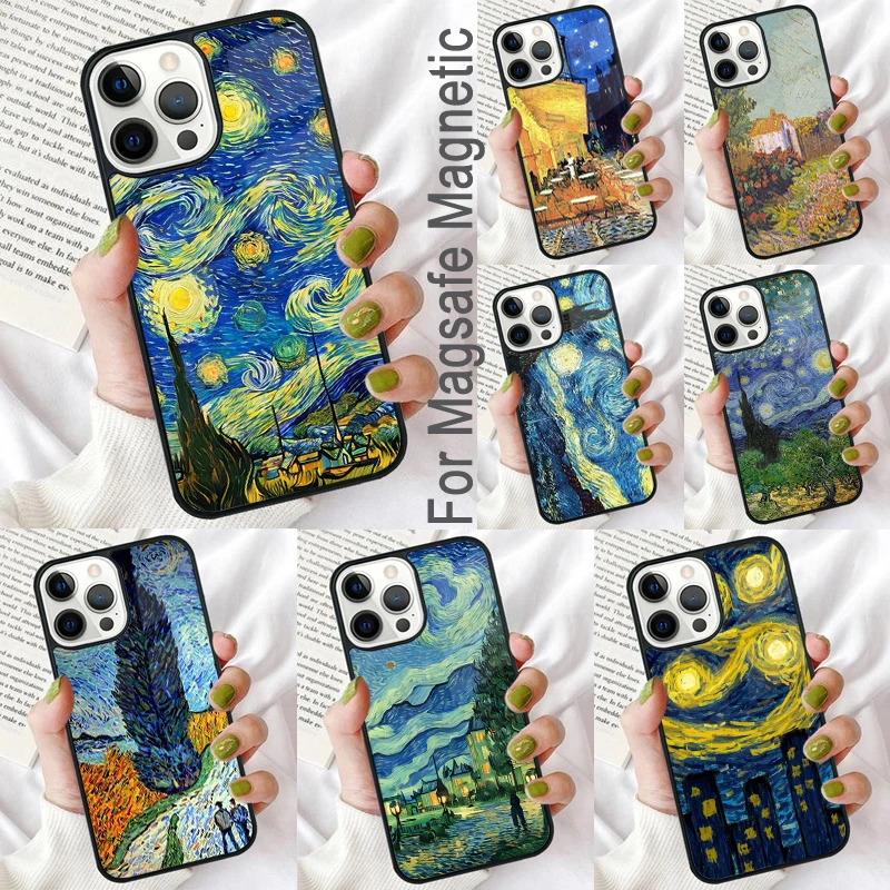 Магнитный мягкий чехол с рисунком звездной ночи Ван Гога для iPhone 16 Promax 15 Pro 13 14 Plus 11