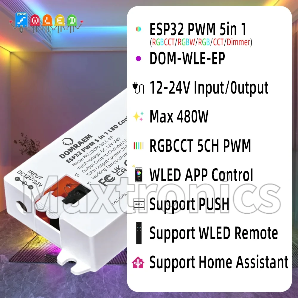 Фото DOMRAEM НОВЫЙ контроллер 5-в-1 ESP32 PWM WLED для аналоговых светодиодных лент Alexa Google Home для 2/3/4/5/6-проводных лент DIM CCT RGB RGBWCCT №1