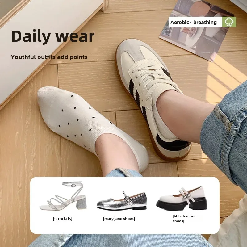 Women's Invisible Boat Socks Pure Cotton Summer Thin Style Cute Polka Dot Design Anti-Slip Anti-Odor Breathable Short