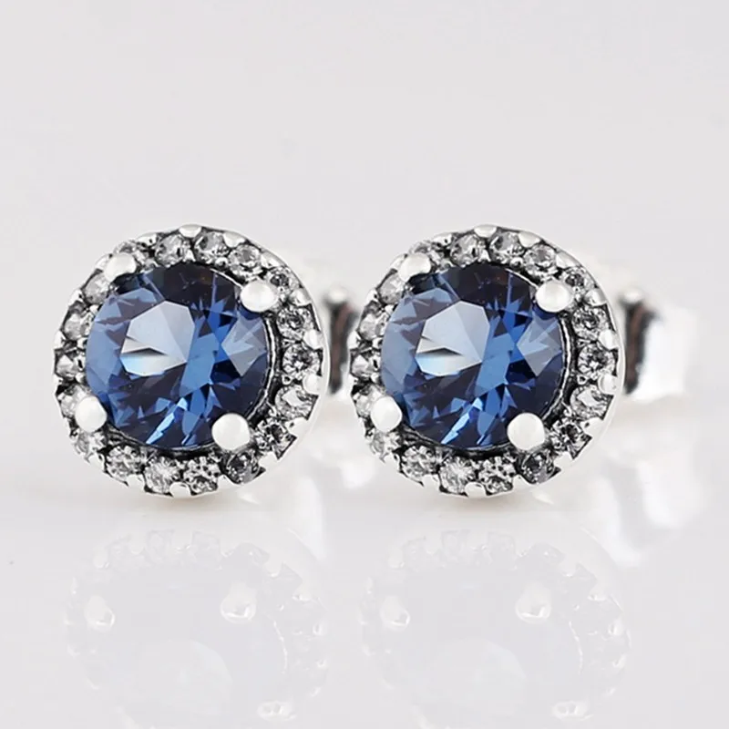 

Authentic 925 Sterling Silver Sparkling Blue Round Sparkle With Crystal Stud Earrings For Women Wedding Gift Fashion Jewelry