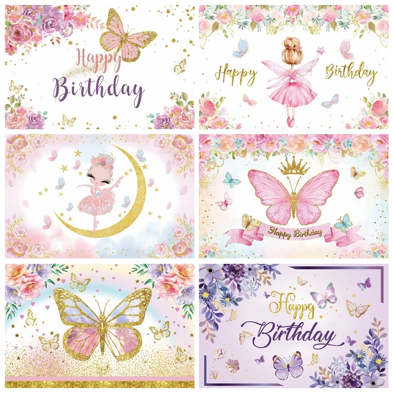 

Flower Butterfly Girl Birthday Party Backdrop Rainbow Background Baby Girl Photographic Photography Kids Photo Studio Photophone