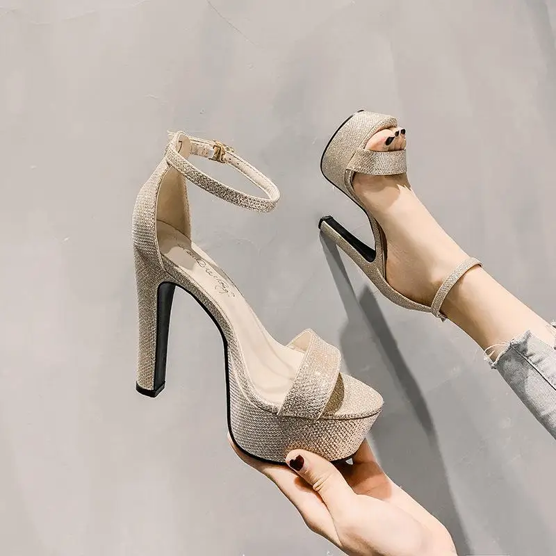 

New Summer Women High Heels Wedding Party Sandals Open Toe Ankle Strap Chunky Heels Sequins Platform Sandals Diamond Shoes -40