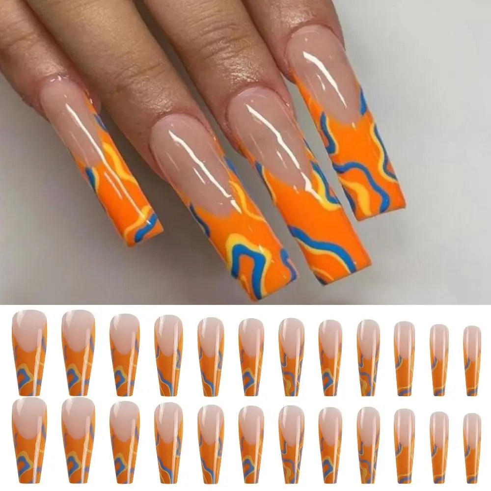 

24pcs DIY Fake Nials Manicure Detachable False Nails Orange Blue Yellow Wavy Ballerina Nail Tips