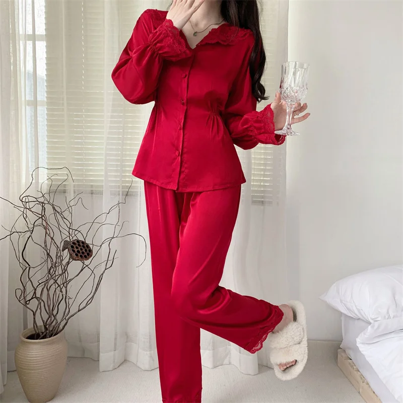 Two-Piece Set Women Pajamas Spring Summer Thin Silk Satin Trouser Suit Sleepwear Pijamas Casual Sweet Trouser Suits Homewear