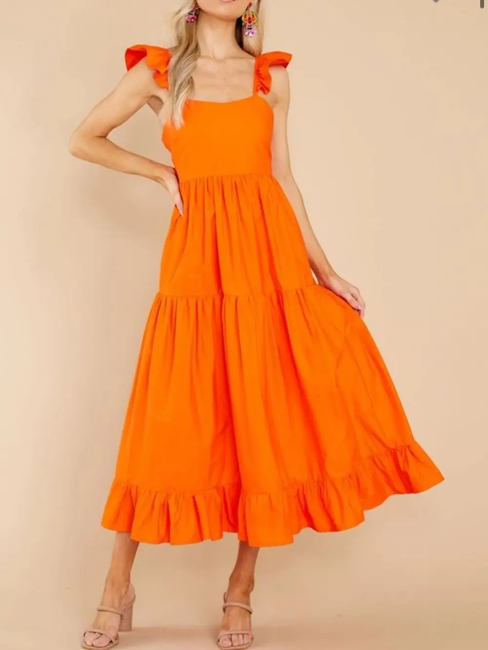 

Женское длинное платье JUNWU, оранжевое платье в стиле бохо с высокой талией и вырезом-лодочкой, лето 2022