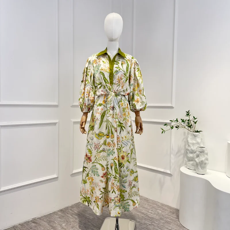 

2023 Summer New Arrival Top Quality Casual Print Hollow Out Turn-down Collar Puff Sleeve Mid-Calf Fashion Women Linen Dress
