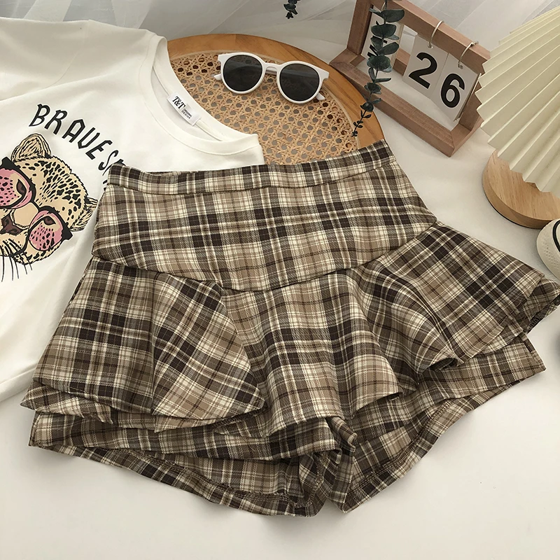 Women's Khaki Skirt Shorts 2023 Summer Casual Vintage Korean Hight Waisted Plaid A-Line Mini Skirt For Women Harajuku Sexy Y2k