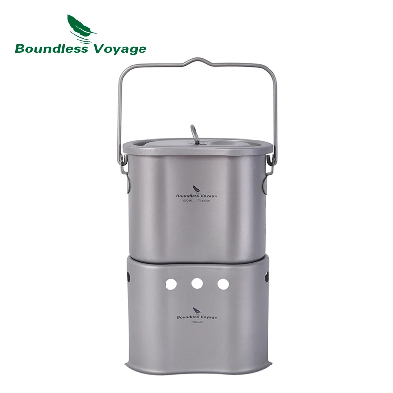 Boundless Voyage Outdoor Picnic Set Titanium Stove and Pot Foldable Mini Size Wood Stove Burning Camping Pot 2 in 1 Canteen Cup