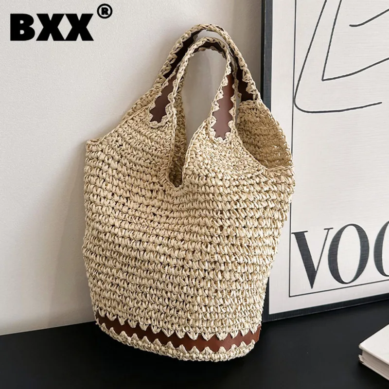 

[BXX] Beach Vacation Woven Hollow Out Handbag For Women 2023 New Fashion Simple Tote Bag Underarm Shoulder Bags Female 8AB555