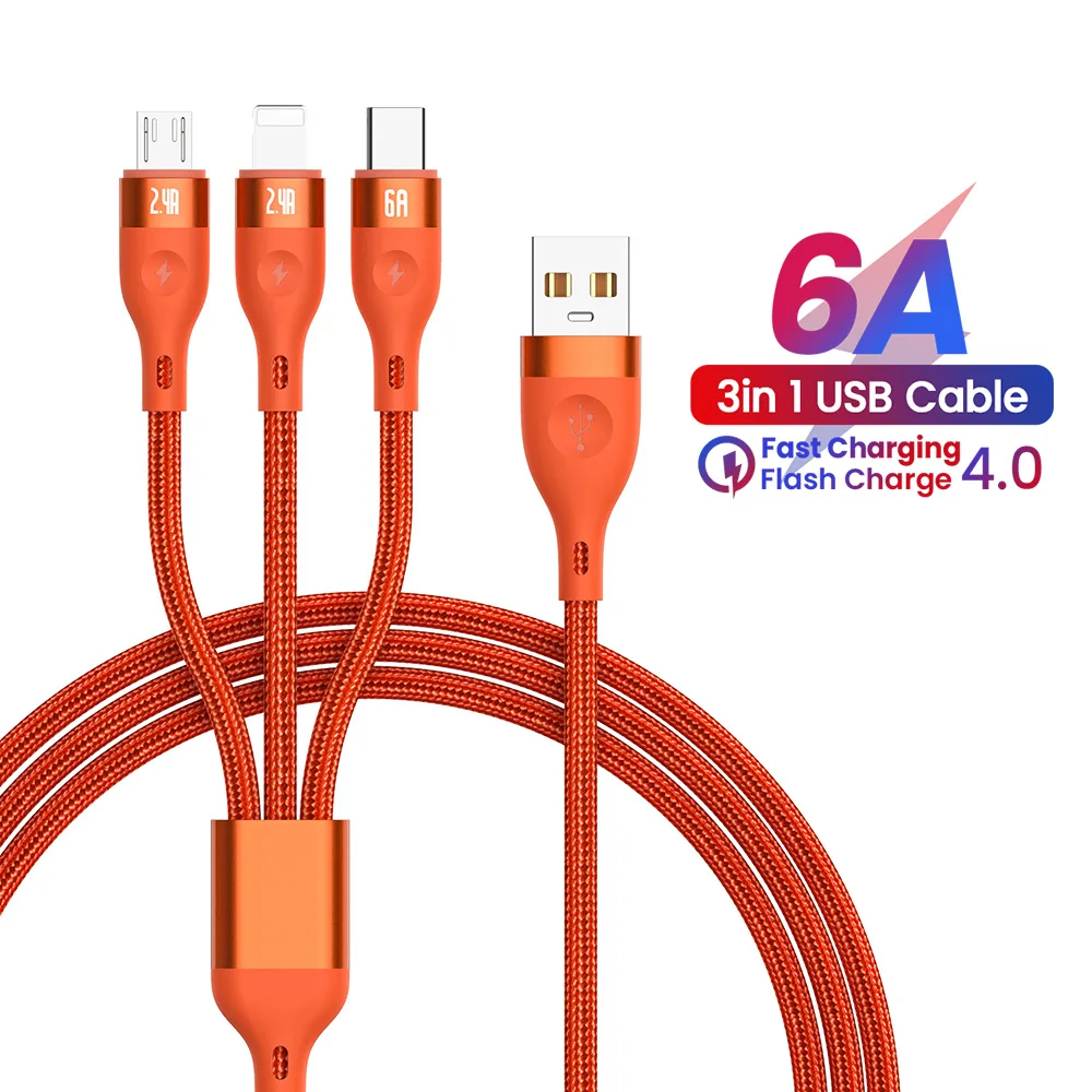 

6A 3in1 SuperCharging Cable For iPhone 14 13 12 11 Pro Micro USB Type C Fast Charger USB Type-C Data Cable Samsung Xiaomi Huawei