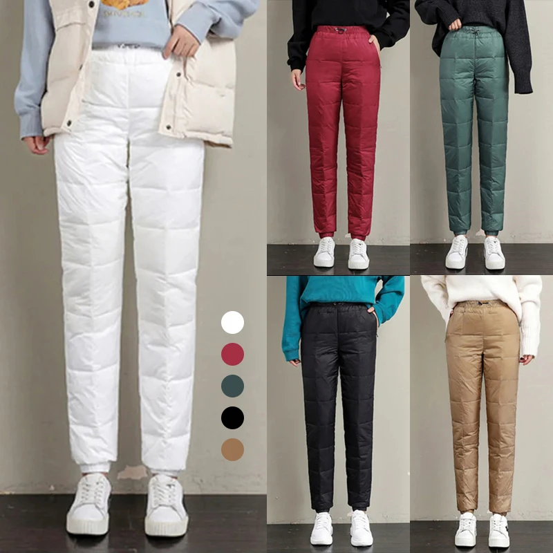 

Waist Casual Trousers Women Winter Warm Down Cotton Pants Windproof Velvet Thicken Padded Quilted Trousers Elastic