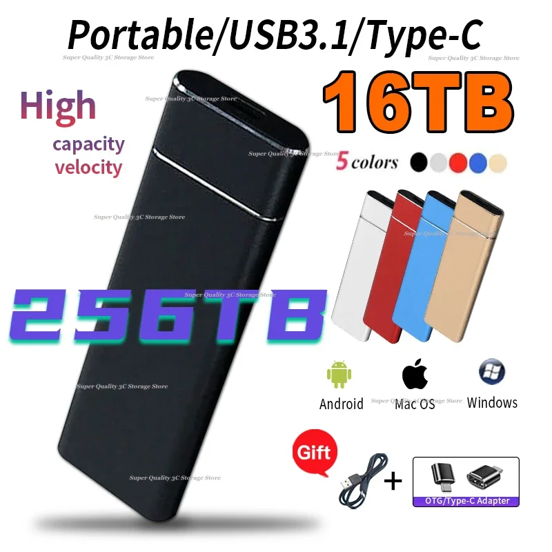 

High-speed External Hard Drive HD 1TB Portable SSD 256TB Type-C Storage Device USB3.1 Hard Disk for Laptop/Desktop/PC/Cellphone