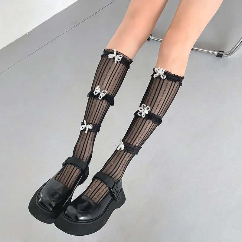 Women's Crystal Bead Socks Summer Ins Sweet Lace Japanese Lolita Thigh Highs Cute Students Mesh Thin Calf Breathable Ladies Sock