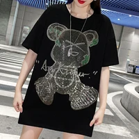 harajuku plus size bear cartoon loose beading t shirt womens short sleeve mid length korean top y2k top oversized t shirt