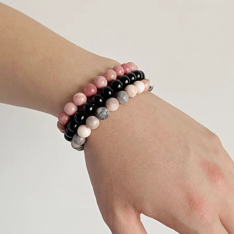 3pcs Beaded Bracelet 8mm Black Onyx Rhodonite Cat Eye Stone Beads Bracelets Set for Women Men Elastic Energy Jewelry - купить по