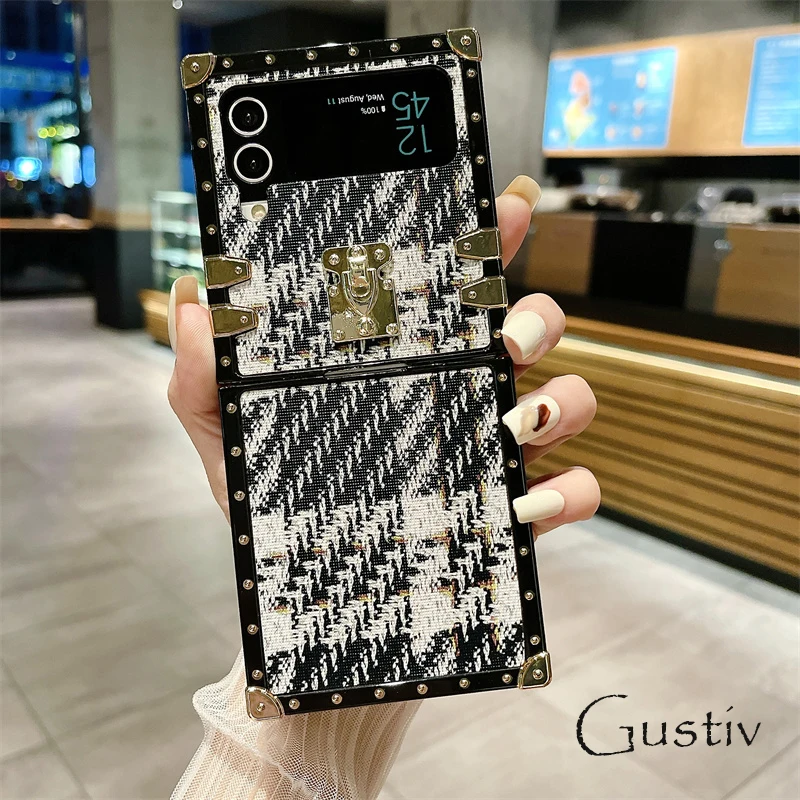 

Luxury Retro Plaid Pattern Phone Case For OPPO Find N2 Flip Soft Shockproof Square Gold Plating Ring Holder Cases Cover Fundas