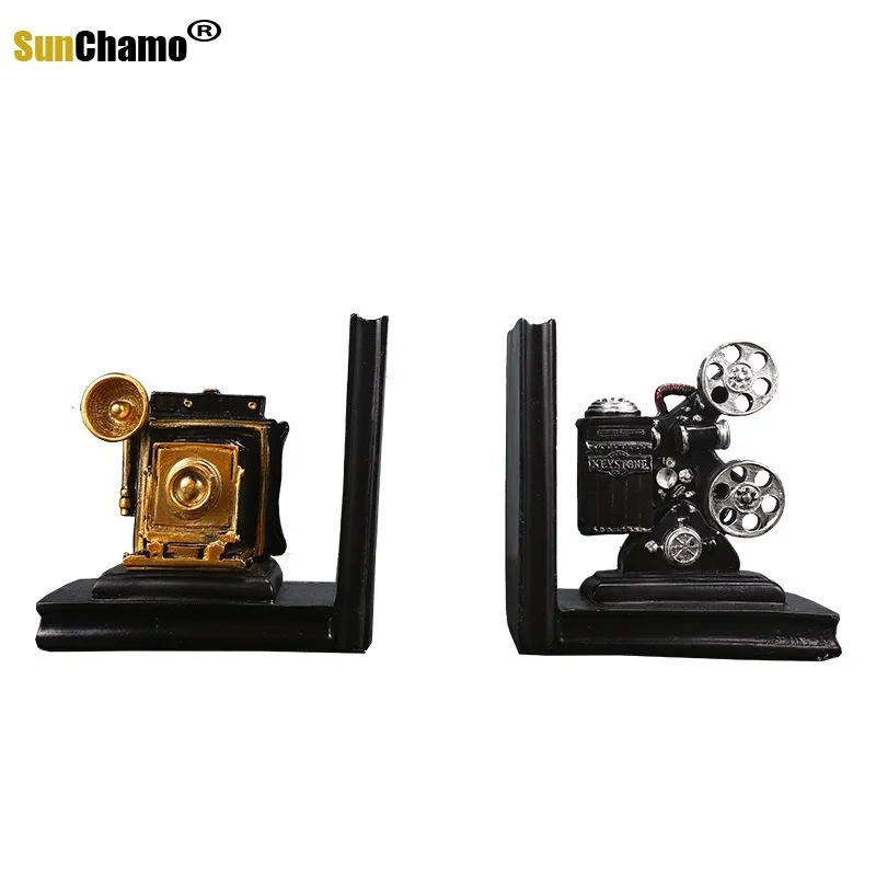 [해외] 레트로 카메라 북엔드 영화 필름 프로젝터  블랙 실버 컬렉터 프로젝트  크리에이티브 책장 빈티지 쥬얼리  홈 데코  한 쌍