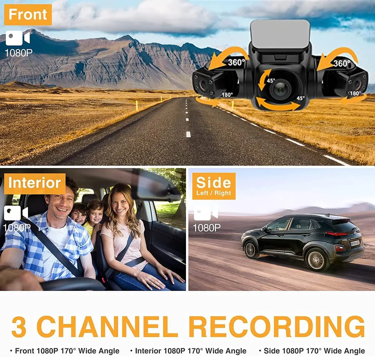 3-канальный FHD 3*1080P 170 ° Автомобильный видеорегистратор WiFi GPS WDR 8 ИК-подсветки супер