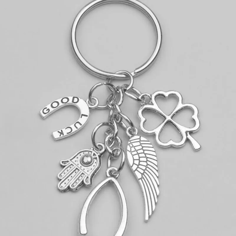 

Fashion New Hand Fatima Wings Clover Good Luck Horseshoe Fish Bone Pendant Key Chain Ring Keychain Package Decoration Gift 1pcs